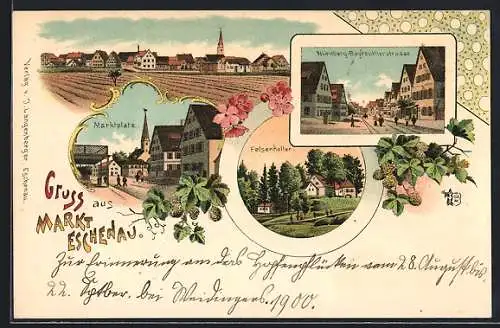 Lithographie Markt Eschenau, Makrtplatz, Felsenkeller, Nürnberg-Bayreutherstrasse