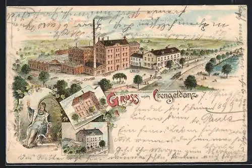 Lithographie Crengeldanz, Brauerei Crengeldanz und Gasthaus von Fritz Brodt, Kaiserliche Post, Ortspartie