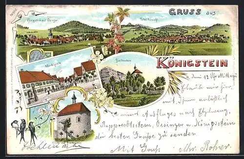 Lithographie Königstein / Osinger, Marktplatz, Breitenstein, Kirche und Totalansicht