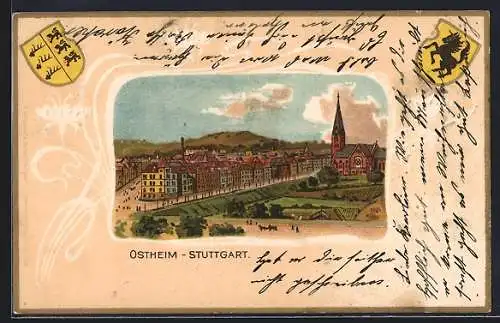 Passepartout-Lithographie Stuttgart-Ostheim, Blick über den Ort, Wappen