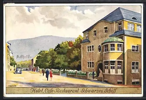 Künstler-AK Heidelberg / Neckar, Hotel und Café-Restaurant Schwarzes Schiff, Klubhaus d. Heidelberger Ruderklubs