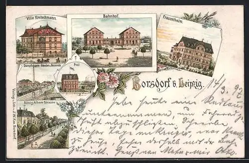 Lithographie Borsdorf b. Leipzig, Bahnhof, Frauenheim, Villa Kretschmann, Dampfsägewerk Bässler u. Bomnitz