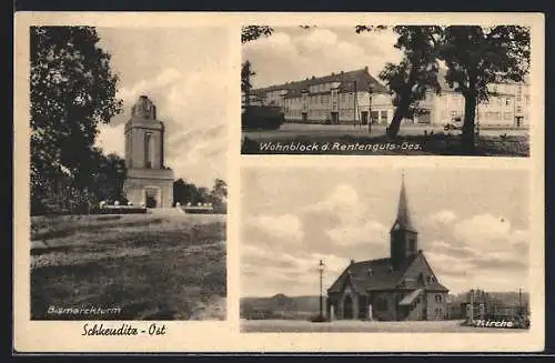 AK Schkeuditz-Ost, Wohnblock der Rentenguts-Ges., Bismarckturm und Kirche