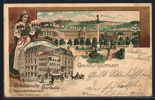 Lithographie Stuttgart, Restaurant und Hotel Schwäbische Bierhalle, Bes. Jean Schellmann