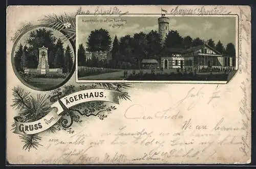 Lithographie Stuttgart, Gasthof Jägerhaus auf dem Hasenberg, Hauff-Denkmal