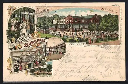 Lithographie Leutzsch b. Leipzig, Blick zum Gasthof Burgaue, Kleiner Saal, Grosser Saal, Gartenpartie