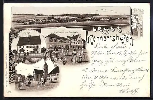 Lithographie Rennertshofen / Markt, Gasthaus zum Dirnbräu, Pfarrhof und Kirche