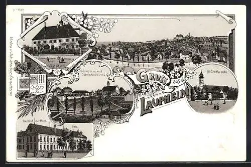 Lithographie Laupheim, Gasthof zur Post, Rathaus, Schlossberg mit Stadtpfarrkirche, Hl. Grabkapelle