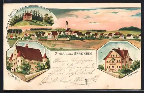 Lithographie Berkheim / Illertal, Pension Villa Braun, Pfarrhaus und Kapelle