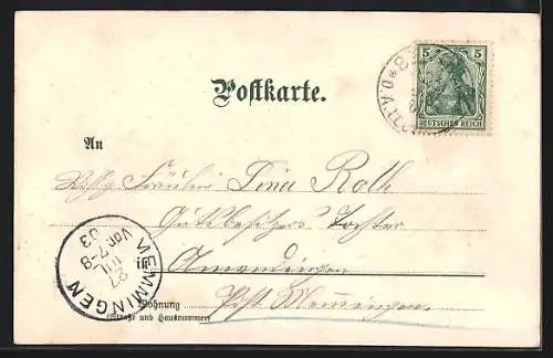 Lithographie Berkheim / Illertal, Pension Villa Braun, Pfarrhaus und Kapelle