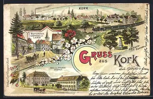 Lithographie Kork, Gasthaus Zum Lamm an der Hauptstrasse, Heil-u. Pflege-Anstalt, Ortsansicht mit Dampflok