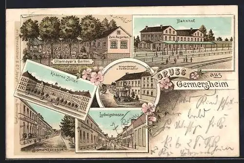 Lithographie Germersheim, Gasthof Zum Augarten, Bes. Ullemeyer, Kaserne Zoller, Bahnhof, Ludwigstrasse, Bismarckstrasse