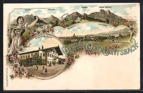 Lithographie Oberflintsbach, Alpengipfel, Reinhardscher Gasthof, Totalansicht, Alpenmädel