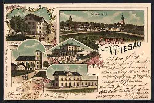 Lithographie Wiesau, Wallfahrtskirche, Hotel Bayrischer Hof, Bahnhof, Otto-Bad