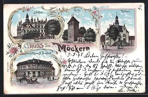 Lithographie Möckern / Leipzig, Geschäftshaus A. Ferchland, Schloss, Kirche und Rathaus