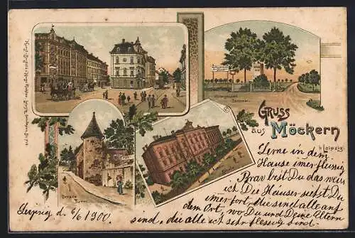 Lithographie Möckern / Leipzig, Schule, Völkerschlacht-Denkmal, Der alte Turm, Strassenpartie