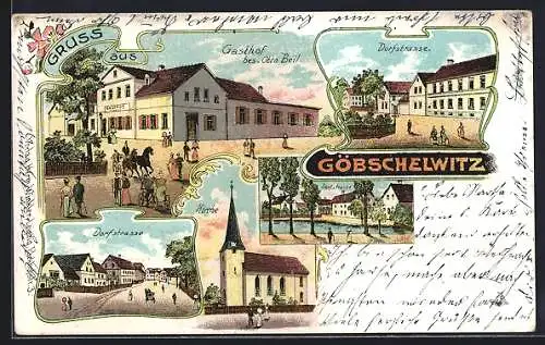 Lithographie Göbschelwitz, Gasthof von Otto Beil, Dorfstrassen und Kirche