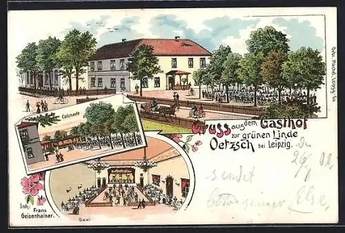 Lithographie Oetzsch bei Leipzig, Gasthof zur grünen Linde, Inh. Franz Geisenhainer, Saal und Colonade