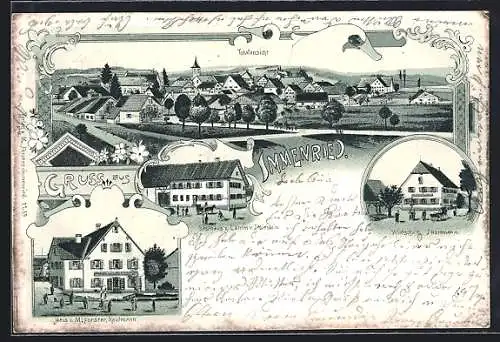 Lithographie Immenried, Gasthaus zum Lamm von J. Kieble, Kaufhaus von M. Forster, Gasthaus von J. Hartmann