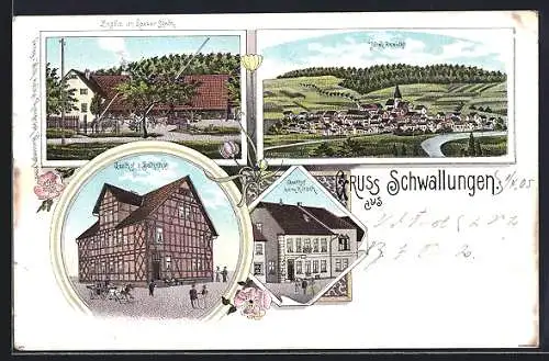 Lithographie Schwallungen, Gasthof zum Bahnhof, Gasthof zum Hirsch, Ziegelei von Kaspar Lösch, Totalansicht