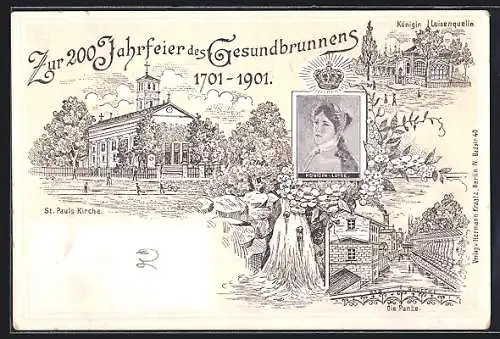 Lithographie Berlin-Wedding, 200 Jahrfeier des Gesundbrunnens, St. Pauls Kirche, Königin Luisenquelle, Die Panke