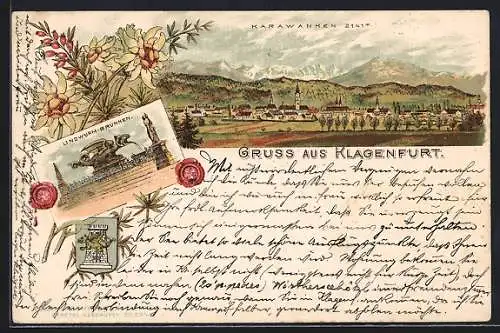 Vorläufer-Lithographie Klagenfurt, 1894, Lundwurm-Brunnen, Stadtansicht mit Karawanken, Wappen