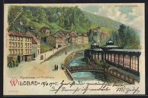 Lithographie Wildbad / Schwarzwald, Olgastrasse mit Trinkhalle, Leuchtende Fenster bei Halt gegen das Licht