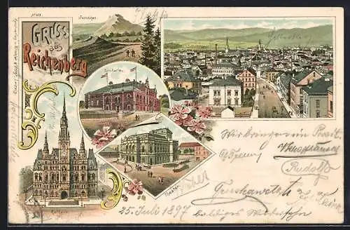 Lithographie Reichenberg / Liberec, Rathaus, Theater, Turnhalle, Ortsansicht