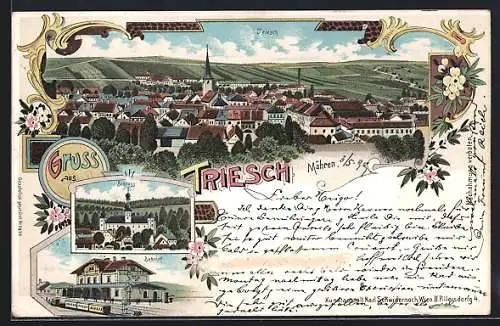 Lithographie Triesch /Mähren, Schloss, Bahnhof, Panorama