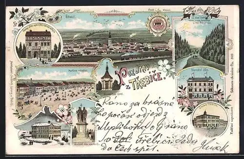 Lithographie Trebic, Karlovo namesti, C. K. posta, Narodni dum