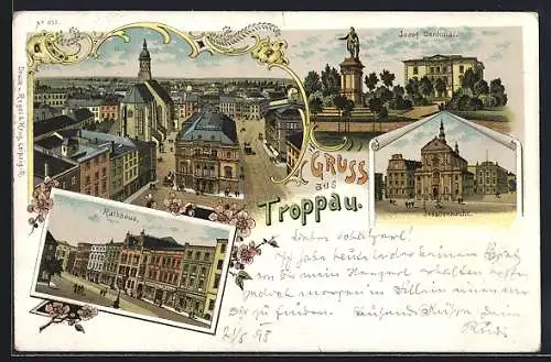 Lithographie Troppau, Jesuitenkirche, Rathaus und Josef Denkmal