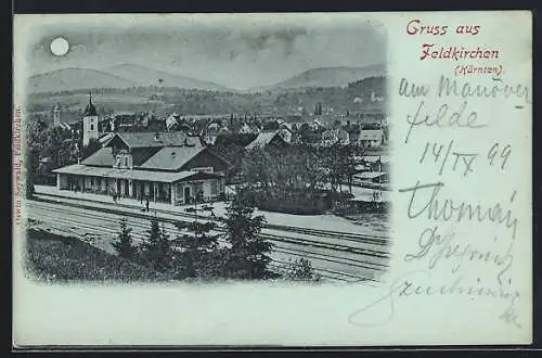 Mondschein-AK Feldkirchen /Kärnten, Bahnhof von der Gleisseite