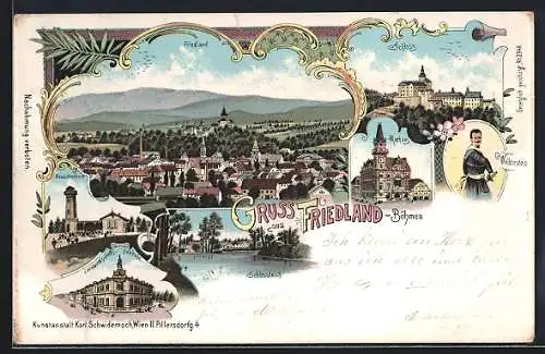 Lithographie Friedland /Böhmen, Landwirtschafts-Gebäude, Rathaus, Schloss, Aussichtsthurm