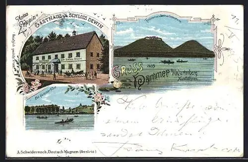 Lithographie Hammer Am See / Hamr Na Jezere, Gasthaus zum Schloss Dewin, Hammersee mit Schlossruine