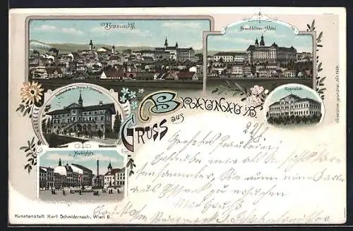 Lithographie Braunau i. B., Restaurant im Stern, Bürgerschule, Benediktiner Abtei