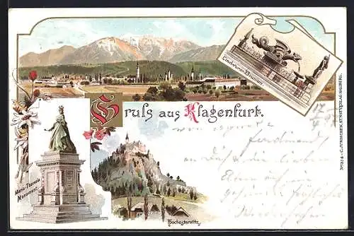 Lithographie Klagenfurt, Ortsansicht, Maria-Theresia Monument, Lindwurm-Brunnen