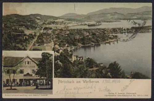 AK Pörtschach am Wörthersee, Gasthof und Gemischtwarenhandlung Lessiak, Panorama