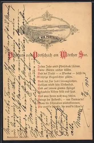 AK Pörtschach am Wörther See, gerahmte Ansicht der Ortschaft, Gedicht preist die Schönheit der Ortschaft