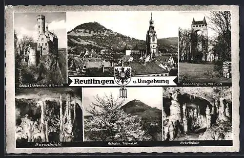 AK Reutlingen, Schloss Lichtenstein, Schönbergturm, Betzinger Trachten, Achalm, Nebelhöhle