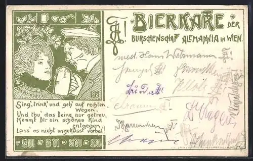 Künstler-AK Wien, Bierkarte der Burschenschaft Alemannia, Student mit Bierkrug und einer Dame, Jugendstil