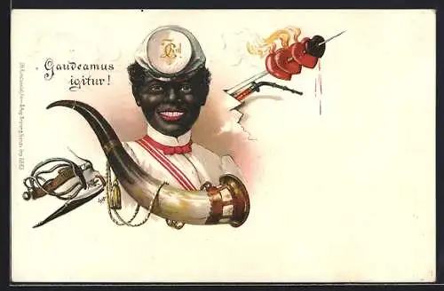 Lithographie Gaudeamus igitur!, afrikanischer Student mit Horn und durchstochene Herzen