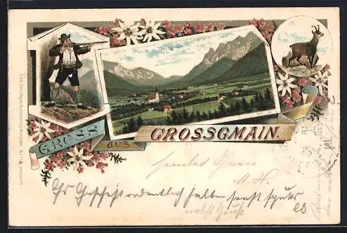 Lithographie Grossgmain, Panorama, Jäger