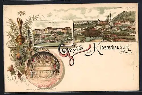 Lithographie Klosterneuburg, Kaserne, Ortsansicht mit Leopoldsberg, Fasslrutschen im Stiftskeller