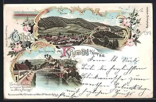 Lithographie Krumau a. Kamp, Handlung und Gasthaus zum braunen Hirschen, Bes. Alois Maringer, Totalansicht