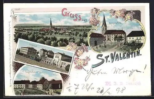 Lithographie St. Valentin, Bahnhof, Bahnhofstrasse und Kirche