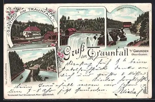 Lithographie Gmunden, Traunfall, Gasthof zum Traunfall, Schifffahrtskanal