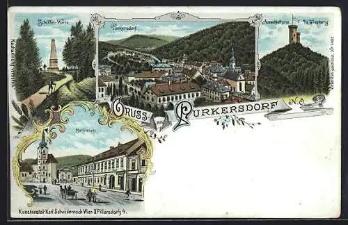 Lithographie Purkersdorf, Marktplatz, Schöffel-Warte, Aussichtsturm a. d. Tropberg und Totalansicht