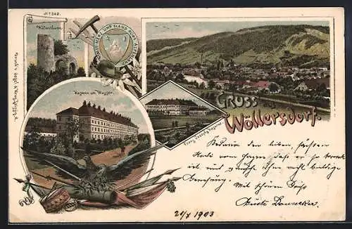 Lithographie Wöllersdorf, Panorama, Kaserne am Wasser, Höllenthurm & Franz Josef Kaserne