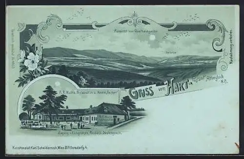 Mondschein-Lithographie Altlengbach /N.-Ö., Restaurant und Meierei Am Hart, Bes. A. R. Mucha, Blick vom Gasthausgarten