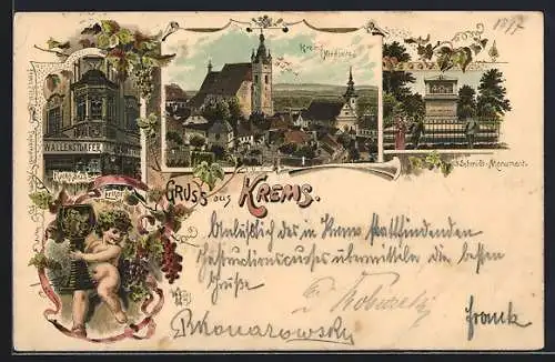 Lithographie Krems /Donau, Rathaus-Erker, Schmidt-Monument, Teilansicht der Stadt